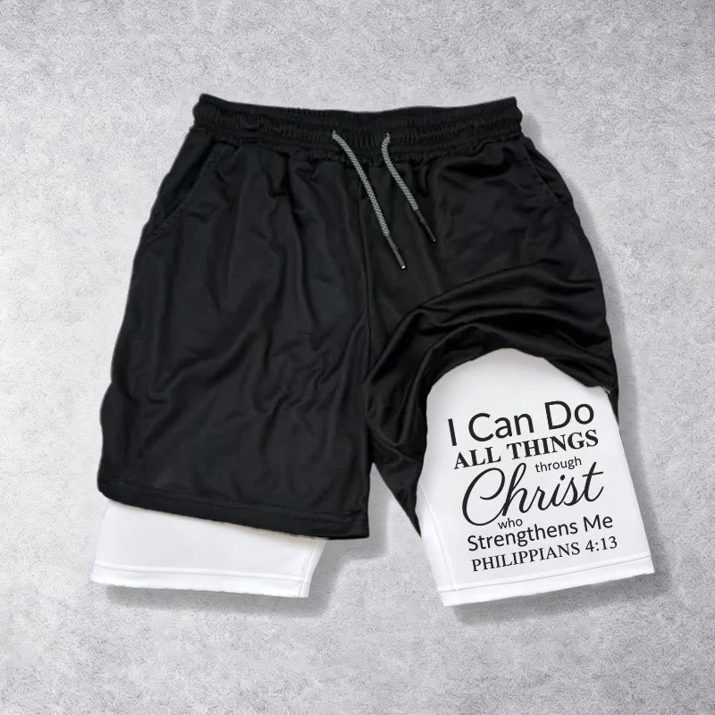 Christianartworkshop Timeless I Can Do All Things Through Christ Full Verse Dual Layer Drawstring Faith Sports Shorts