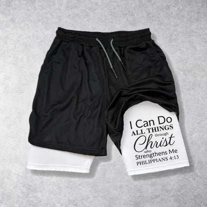 Christianartworkshop Timeless I Can Do All Things Through Christ Full Verse Dual Layer Drawstring Faith Sports Shorts