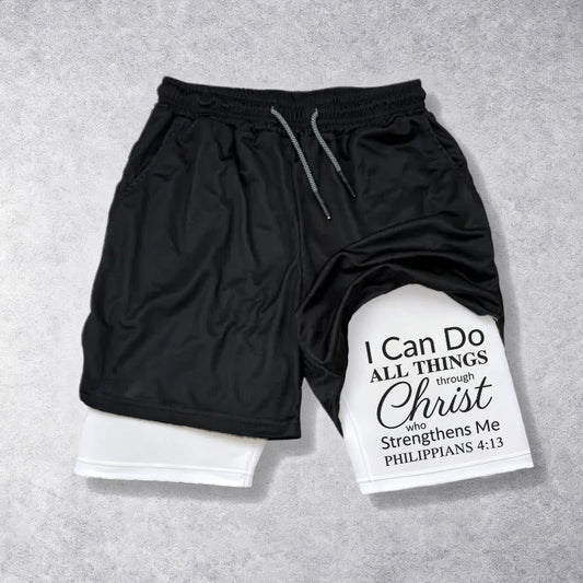 Christianartworkshop Timeless I Can Do All Things Through Christ Full Verse Dual Layer Drawstring Faith Sports Shorts