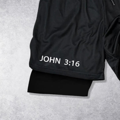 Christianartworkshop John 3:16 Outer Undeniable Cross Full Verse Inner Two Layer Drawstring Faith Shorts