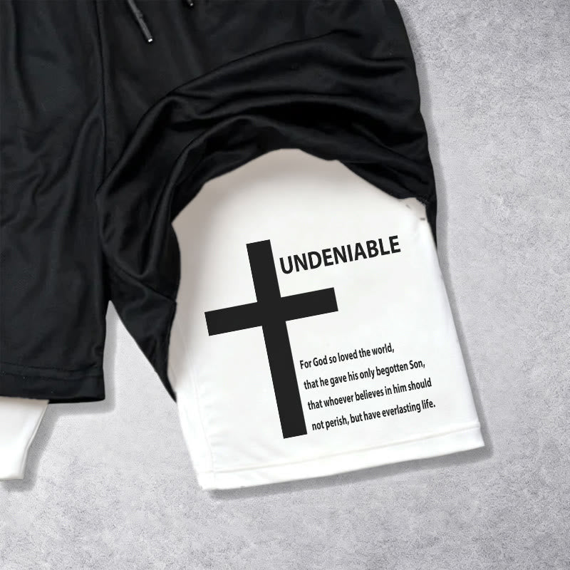 Christianartworkshop John 3:16 Outer Undeniable Cross Full Verse Inner Two Layer Drawstring Faith Shorts