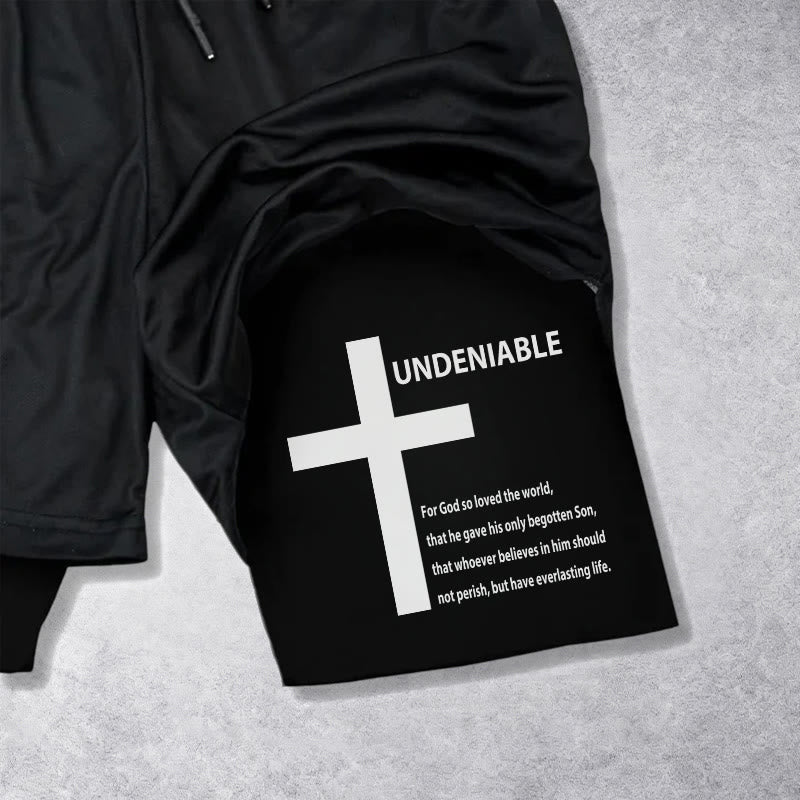 Christianartworkshop John 3:16 Outer Undeniable Cross Full Verse Inner Two Layer Drawstring Faith Shorts