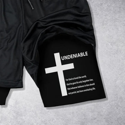 Christianartworkshop John 3:16 Outer Undeniable Cross Full Verse Inner Two Layer Drawstring Faith Shorts