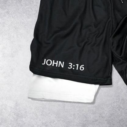 Christianartworkshop John 3:16 Outer Undeniable Cross Full Verse Inner Two Layer Drawstring Faith Shorts