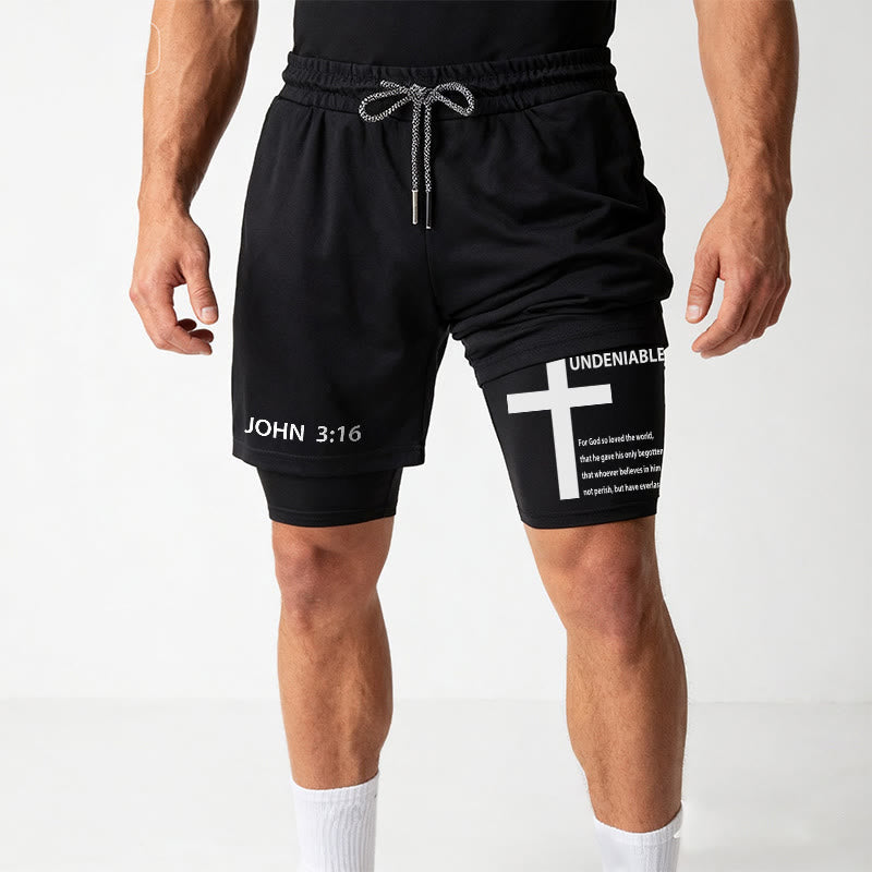 Christianartworkshop John 3:16 Outer Undeniable Cross Full Verse Inner Two Layer Drawstring Faith Shorts