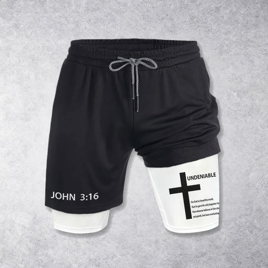 Christianartworkshop John 3:16 Outer Undeniable Cross Full Verse Inner Two Layer Drawstring Faith Shorts
