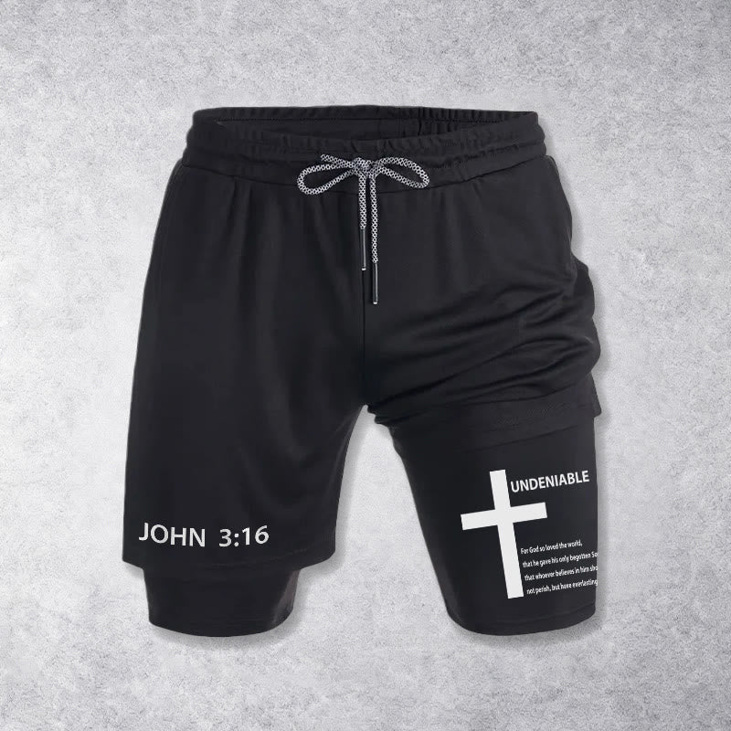 Christianartworkshop John 3:16 Outer Undeniable Cross Full Verse Inner Two Layer Drawstring Faith Shorts