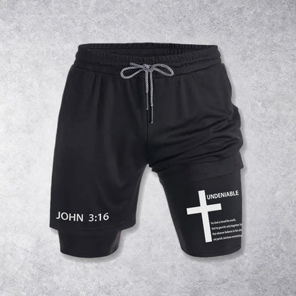 Christianartworkshop John 3:16 Outer Undeniable Cross Full Verse Inner Two Layer Drawstring Faith Shorts