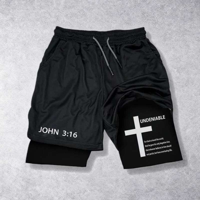 Christianartworkshop John 3:16 Outer Undeniable Cross Full Verse Inner Two Layer Drawstring Faith Shorts