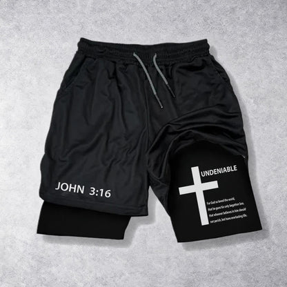 Christianartworkshop John 3:16 Outer Undeniable Cross Full Verse Inner Two Layer Drawstring Faith Shorts