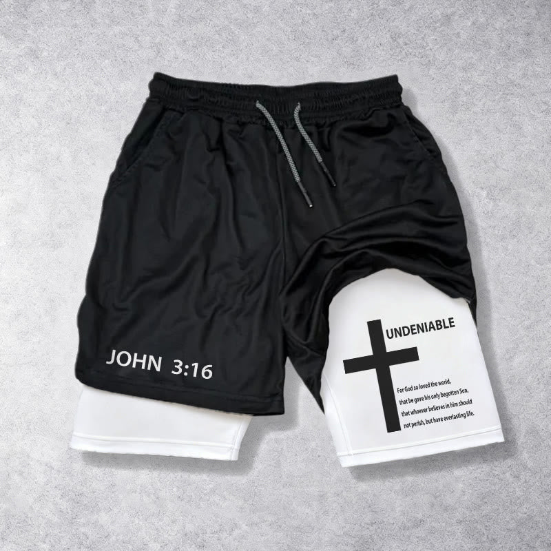 Christianartworkshop John 3:16 Outer Undeniable Cross Full Verse Inner Two Layer Drawstring Faith Shorts