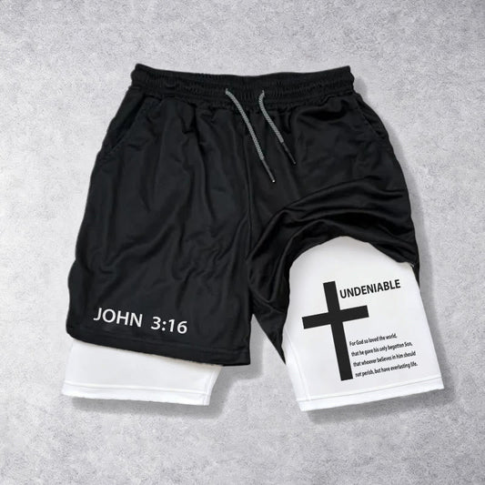 Christianartworkshop John 3:16 Outer Undeniable Cross Full Verse Inner Two Layer Drawstring Faith Shorts