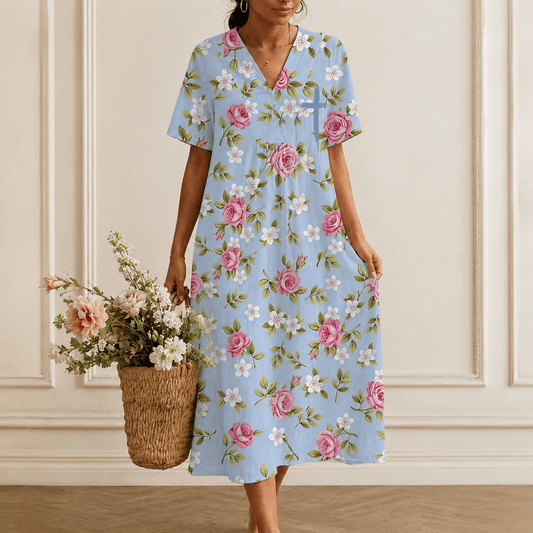 Christianartworkshop Summer Oversized Floral Print Cross Graphic V-Neck Short Sleeve Midi Dress