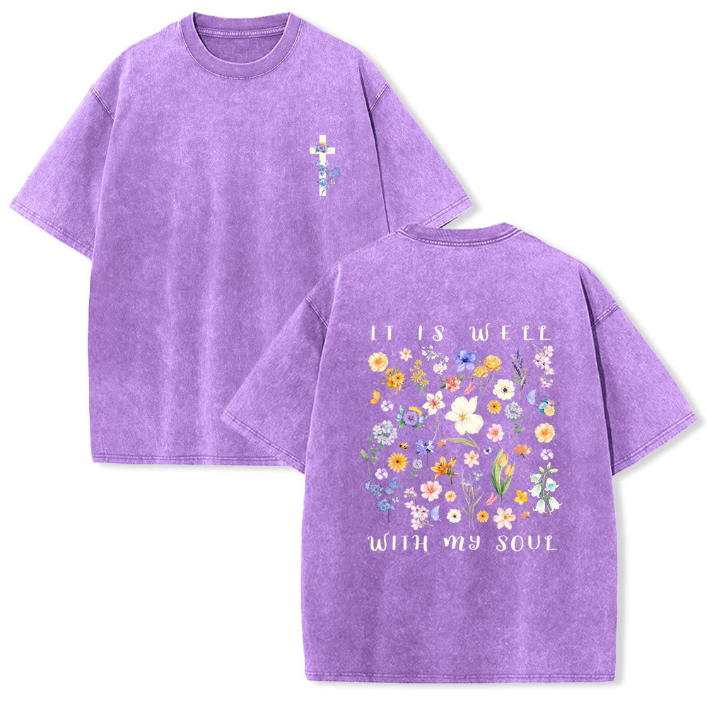 Christianartworkshop It Is Well With My Soul Watercolor Wildflower Full Back Print Floral Cross Left Chest Vintage Washed Unisex T-Shirt