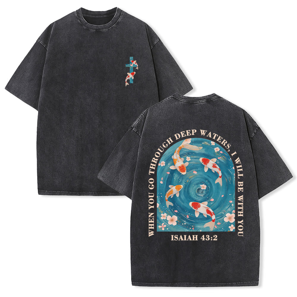 Christianartworkshop Curved Arch Wording Isaiah 43:2 Oriental Koi Floral Arrangement Dual Side Faith Washed Unisex T-Shirt