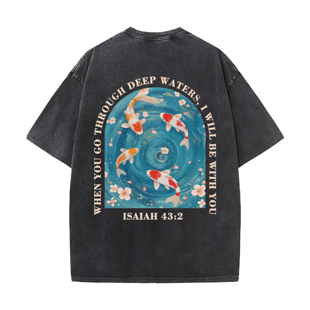 Christianartworkshop Curved Arch Wording Isaiah 43:2 Oriental Koi Floral Arrangement Dual Side Faith Washed Unisex T-Shirt