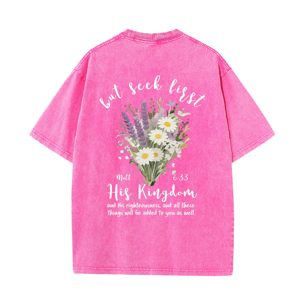Christianartworkshop Tiny Lavender Daisy Bouquet Large Back Floral Arrangement Inspirational Verse Washed T-Shirt