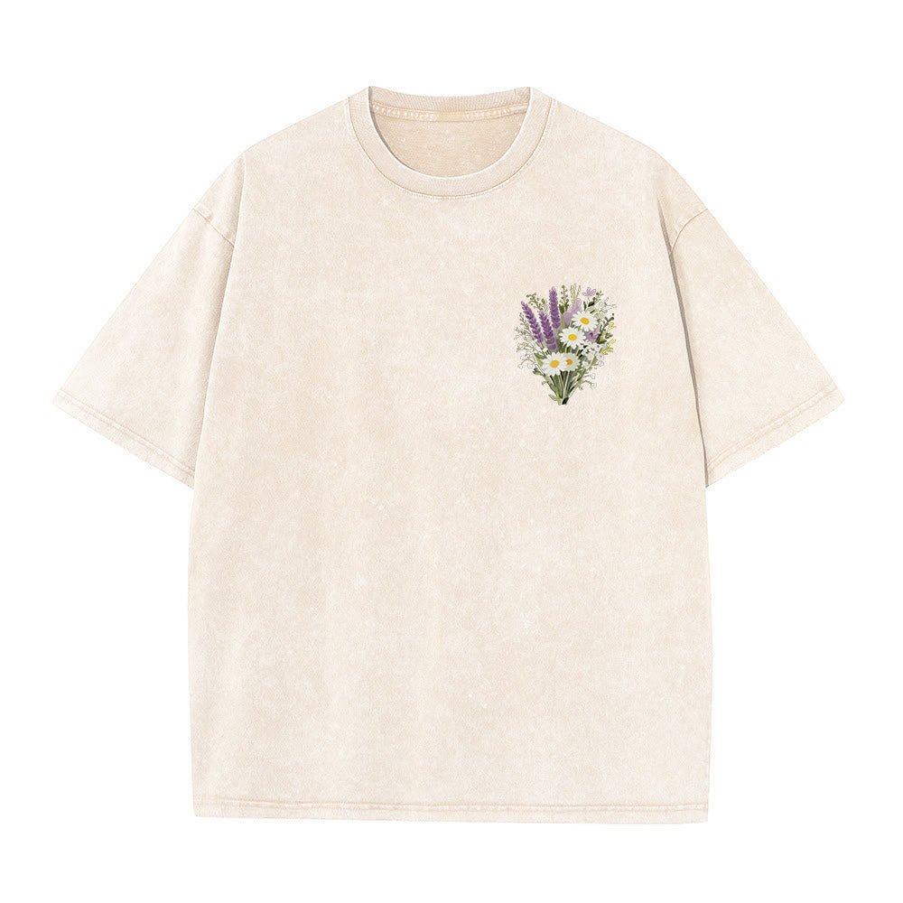 Christianartworkshop Tiny Lavender Daisy Bouquet Large Back Floral Arrangement Inspirational Verse Washed T-Shirt