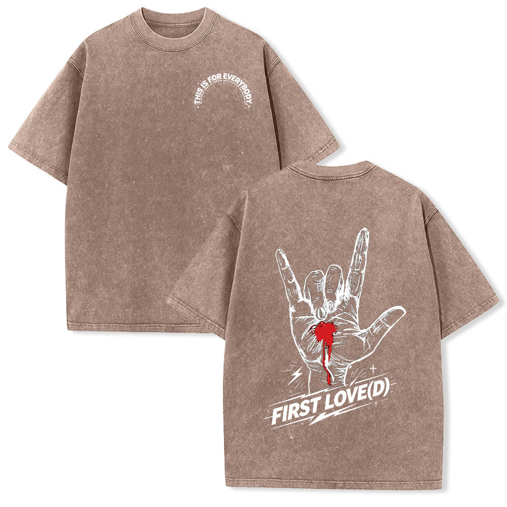 Christianartworkshop Grunge Rock Hand Bleeding Heart Graphic Arch Slogan Front Large First Love Letter Back Washed T-Shirt