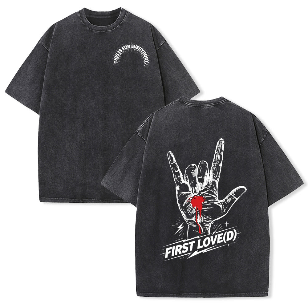 Christianartworkshop Grunge Rock Hand Bleeding Heart Graphic Arch Slogan Front Large First Love Letter Back Washed T-Shirt