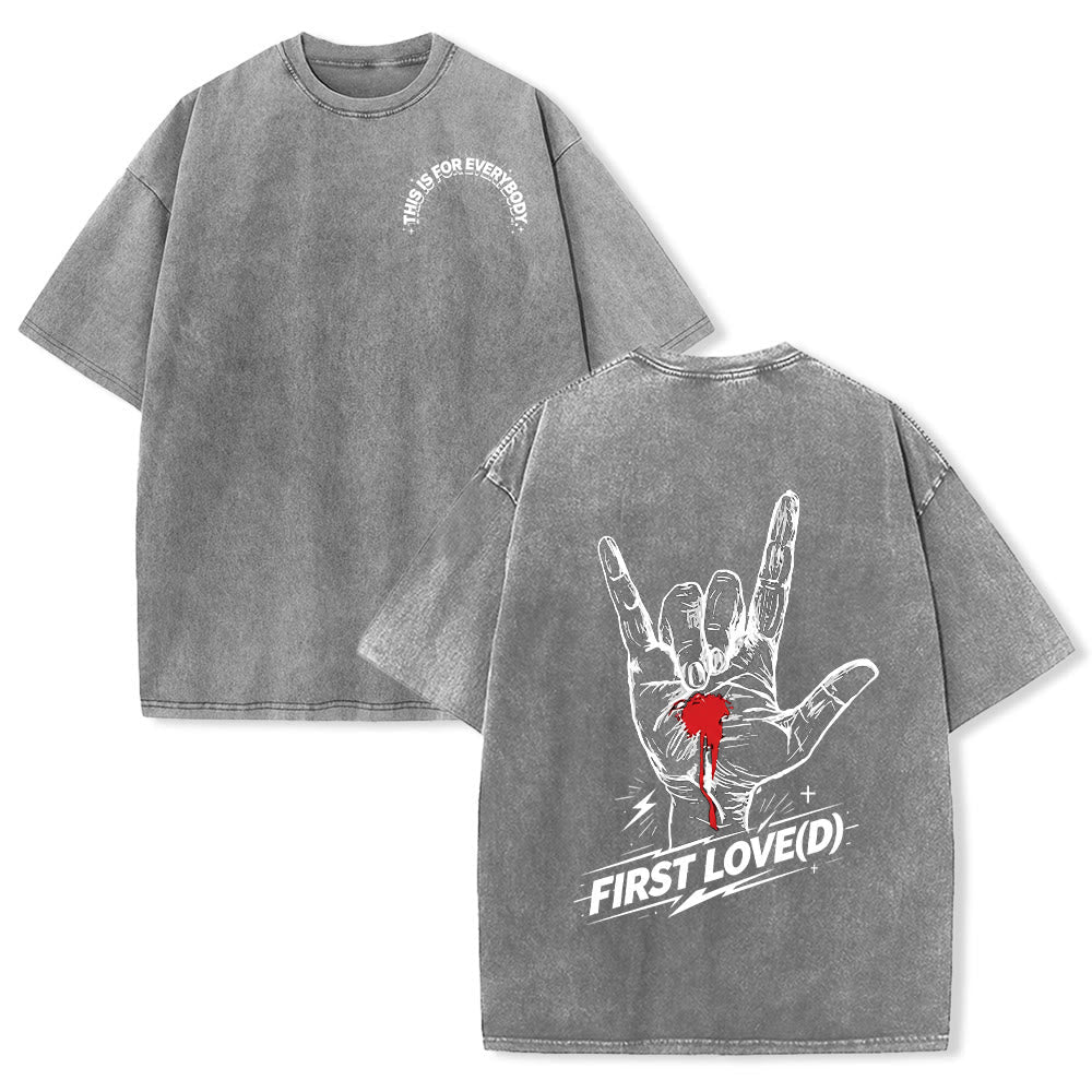 Christianartworkshop Grunge Rock Hand Bleeding Heart Graphic Arch Slogan Front Large First Love Letter Back Washed T-Shirt