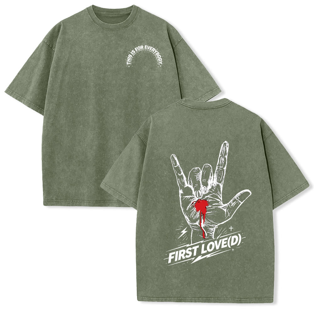 Christianartworkshop Grunge Rock Hand Bleeding Heart Graphic Arch Slogan Front Large First Love Letter Back Washed T-Shirt