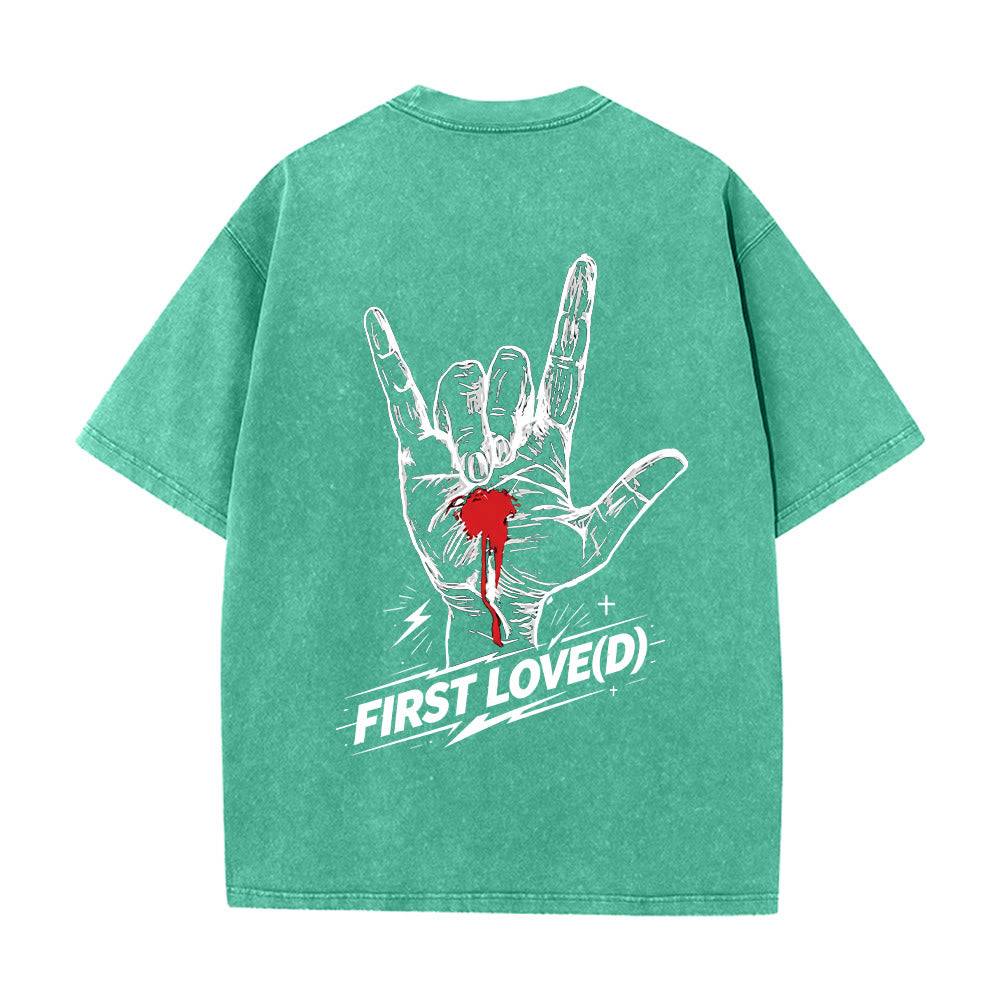 Christianartworkshop Grunge Rock Hand Bleeding Heart Graphic Arch Slogan Front Large First Love Letter Back Washed T-Shirt
