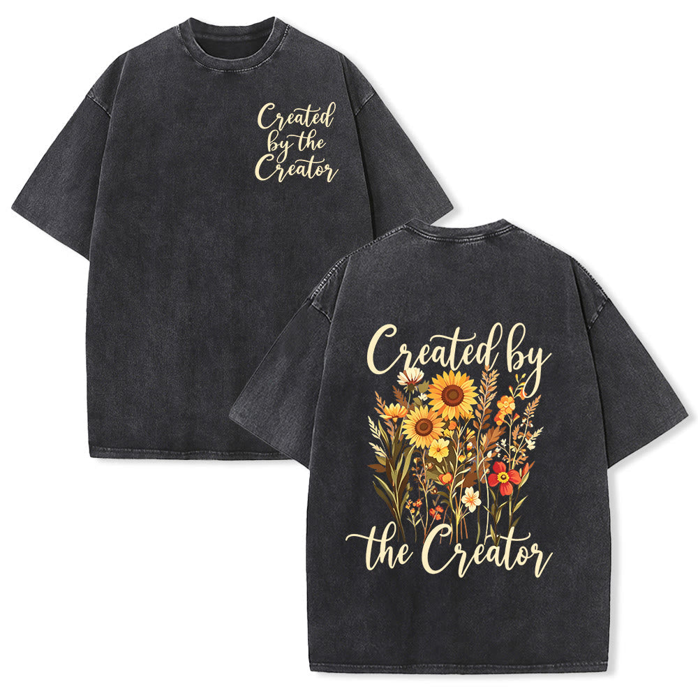 Christianartworkshop Created By The Creator Elegant Cursive Wild Sunflower Bouquet Dual Print Vintage Washed T-Shirt