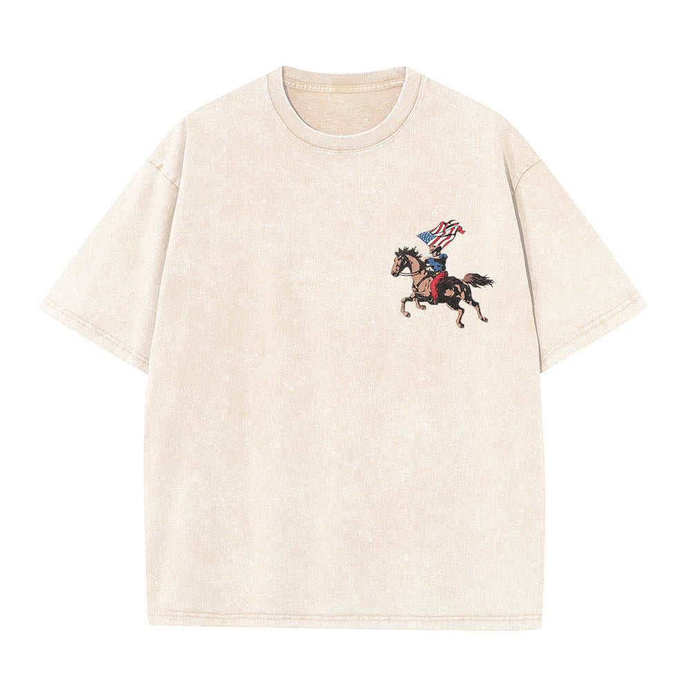Christianartworkshop 250 Years Of America Patriotic Cowboy Horse Dual Print Vintage Washed T-Shirt