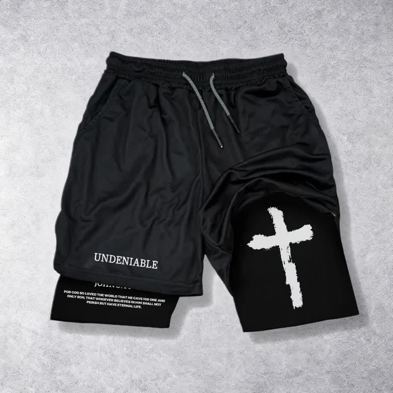 Christianartworkshop Undeniable Letter Outer Brushstroke Cross John 3:16 Full Verse Inner Two-Layer Drawstring Faith Shorts