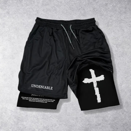 Christianartworkshop Undeniable Letter Outer Brushstroke Cross John 3:16 Full Verse Inner Two-Layer Drawstring Faith Shorts