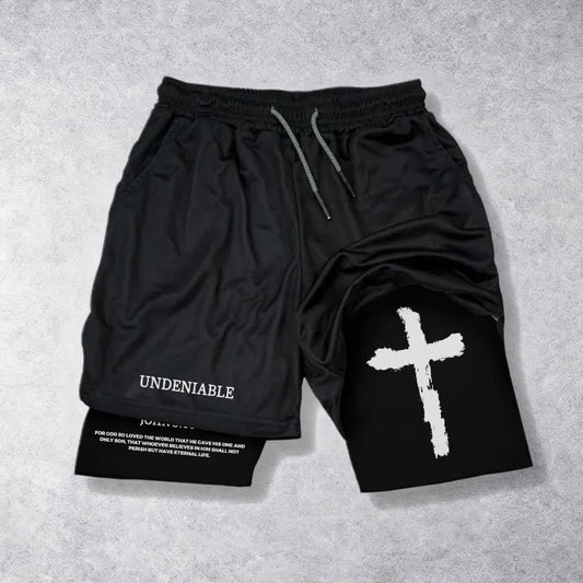 Christianartworkshop Undeniable Letter Outer Brushstroke Cross John 3:16 Full Verse Inner Two-Layer Drawstring Faith Shorts