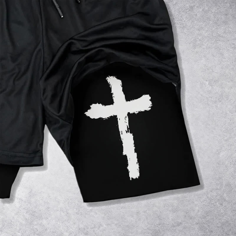 Christianartworkshop Undeniable Letter Outer Brushstroke Cross John 3:16 Full Verse Inner Two-Layer Drawstring Faith Shorts
