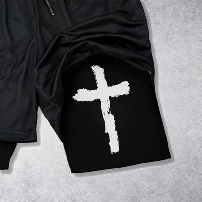 Christianartworkshop Undeniable Letter Outer Brushstroke Cross John 3:16 Full Verse Inner Two-Layer Drawstring Faith Shorts