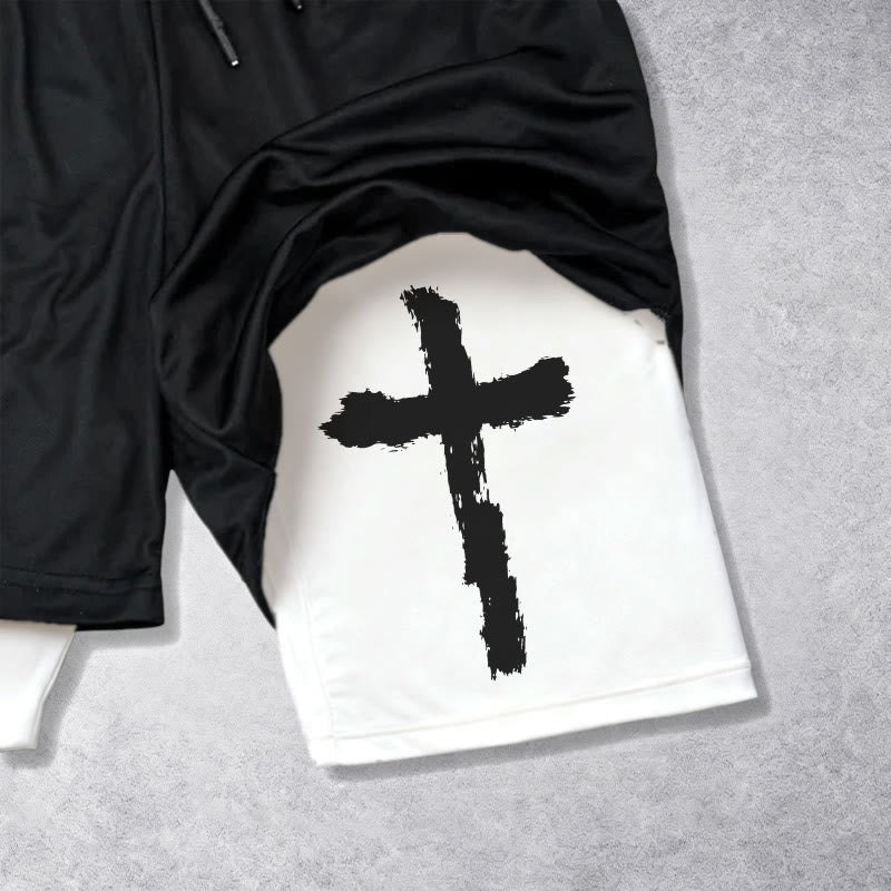 Christianartworkshop Undeniable Letter Outer Brushstroke Cross John 3:16 Full Verse Inner Two-Layer Drawstring Faith Shorts