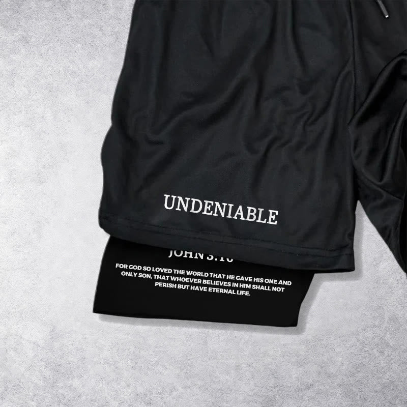 Christianartworkshop Undeniable Letter Outer Brushstroke Cross John 3:16 Full Verse Inner Two-Layer Drawstring Faith Shorts
