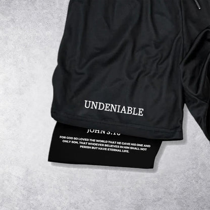 Christianartworkshop Undeniable Letter Outer Brushstroke Cross John 3:16 Full Verse Inner Two-Layer Drawstring Faith Shorts