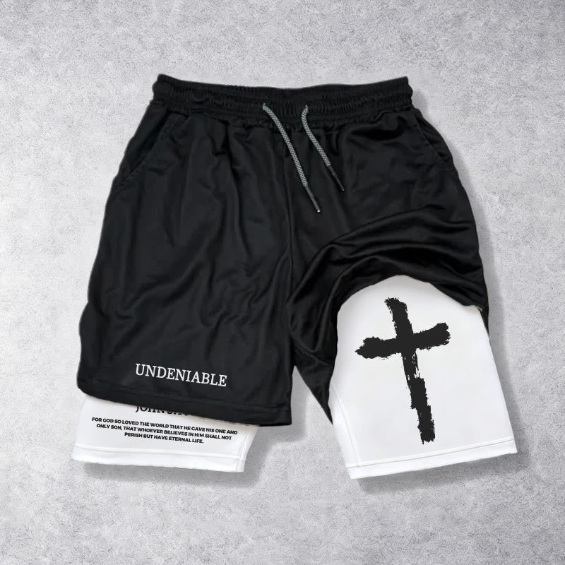Christianartworkshop Undeniable Letter Outer Brushstroke Cross John 3:16 Full Verse Inner Two-Layer Drawstring Faith Shorts