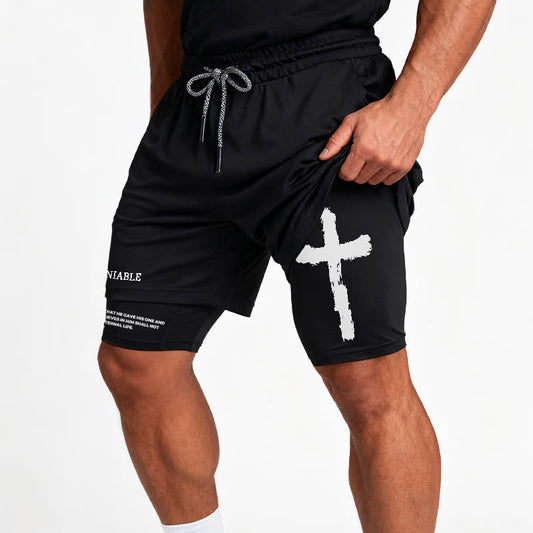 Christianartworkshop Undeniable Letter Outer Brushstroke Cross John 3:16 Full Verse Inner Two-Layer Drawstring Faith Shorts