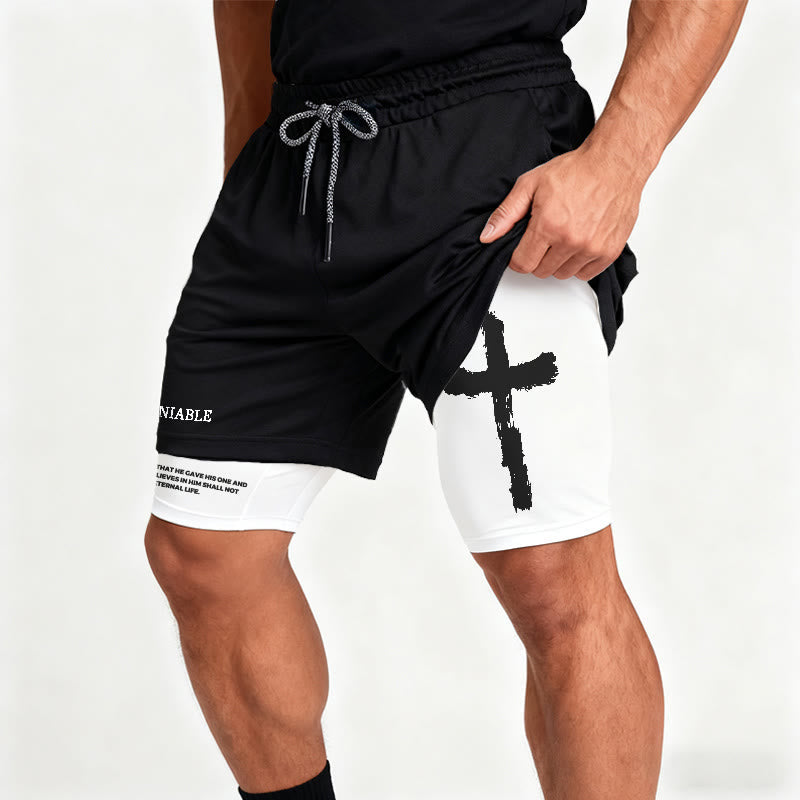 Christianartworkshop Undeniable Letter Outer Brushstroke Cross John 3:16 Full Verse Inner Two-Layer Drawstring Faith Shorts