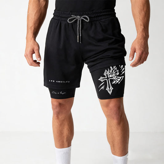 Christianartworkshop Los Angeles Letter Outer Flame Wing Cross City of Anger Hand Script Inner Two-Layer Drawstring Faith Shorts