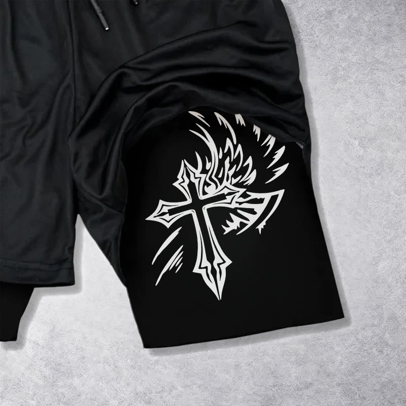 Christianartworkshop Los Angeles Letter Outer Flame Wing Cross City of Anger Hand Script Inner Two-Layer Drawstring Faith Shorts