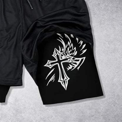 Christianartworkshop Los Angeles Letter Outer Flame Wing Cross City of Anger Hand Script Inner Two-Layer Drawstring Faith Shorts