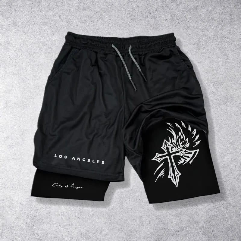 Christianartworkshop Los Angeles Letter Outer Flame Wing Cross City of Anger Hand Script Inner Two-Layer Drawstring Faith Shorts