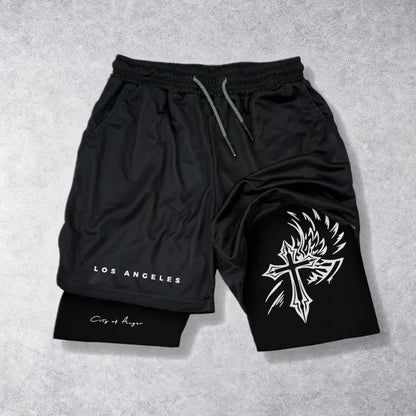 Christianartworkshop Los Angeles Letter Outer Flame Wing Cross City of Anger Hand Script Inner Two-Layer Drawstring Faith Shorts