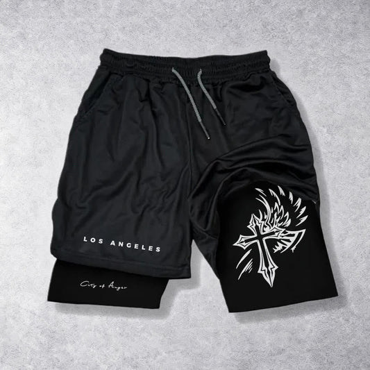 Christianartworkshop Los Angeles Letter Outer Flame Wing Cross City of Anger Hand Script Inner Two-Layer Drawstring Faith Shorts