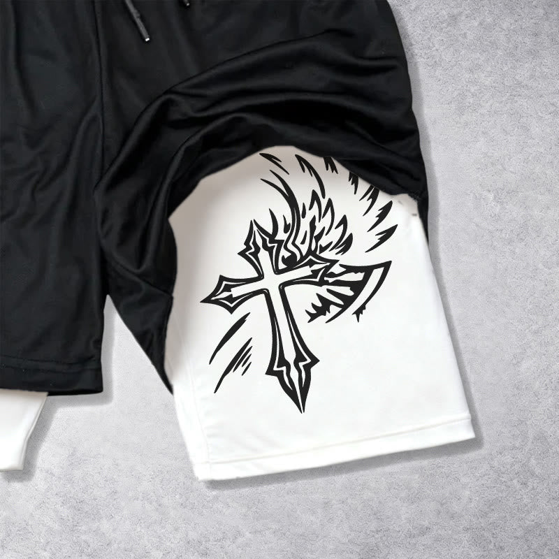 Christianartworkshop Los Angeles Letter Outer Flame Wing Cross City of Anger Hand Script Inner Two-Layer Drawstring Faith Shorts