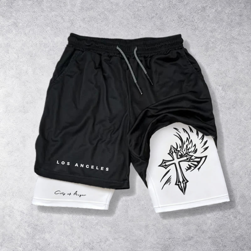 Christianartworkshop Los Angeles Letter Outer Flame Wing Cross City of Anger Hand Script Inner Two-Layer Drawstring Faith Shorts