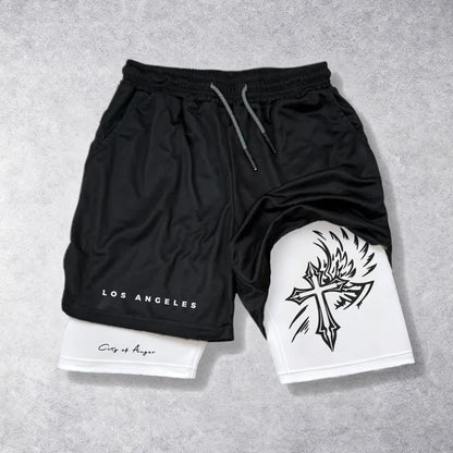 Christianartworkshop Los Angeles Letter Outer Flame Wing Cross City of Anger Hand Script Inner Two-Layer Drawstring Faith Shorts