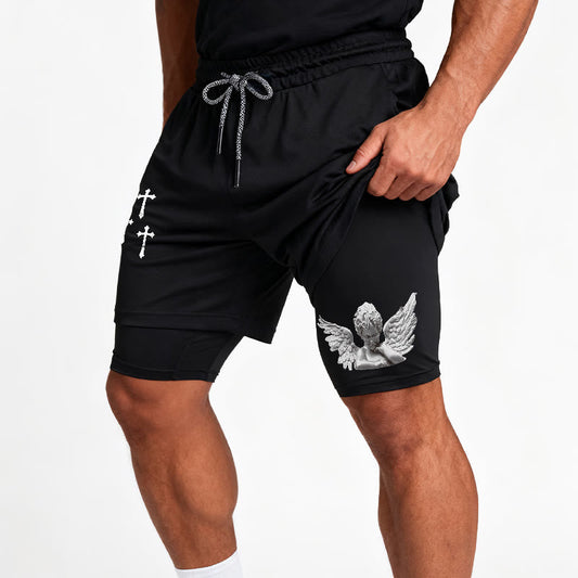 Christianartworkshop Triple Cross Outer Cherub Angel Sculpture Inner Two-Layer Drawstring Faith Shorts